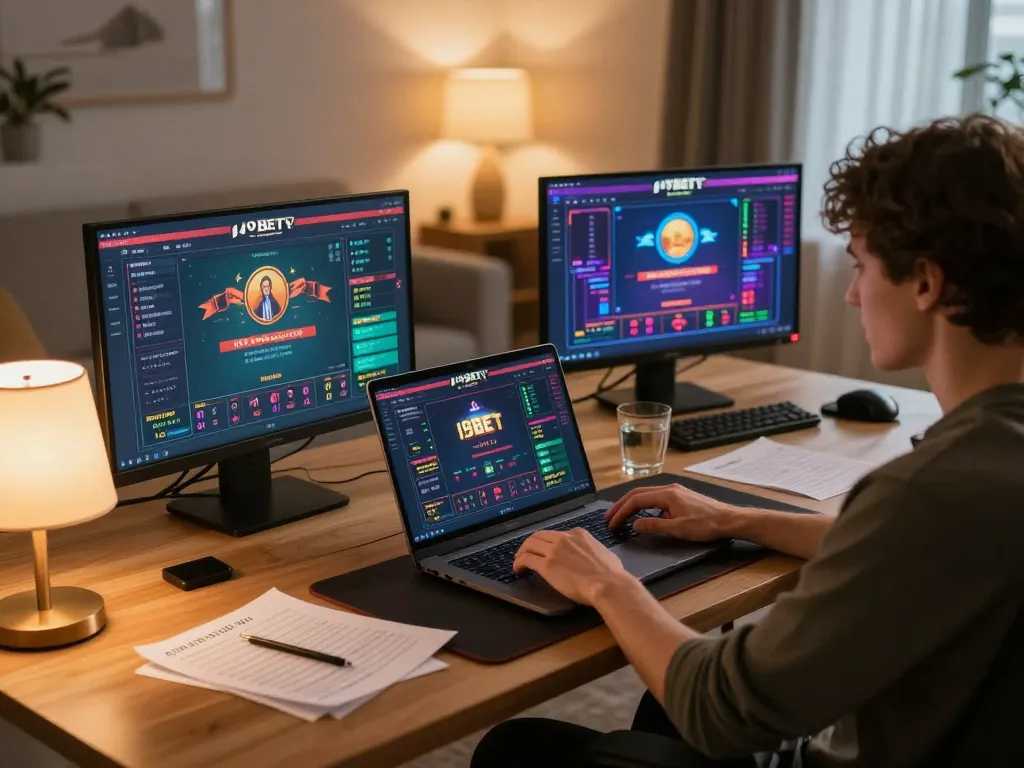 I9BET player engaging with online casino games at a cozy desk setup, combining strategy and comfort