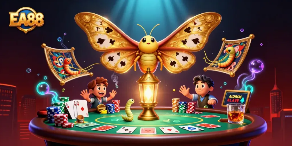 EA88 showcases a vibrant casino scene with an atlas moth and golden elements representing card games.