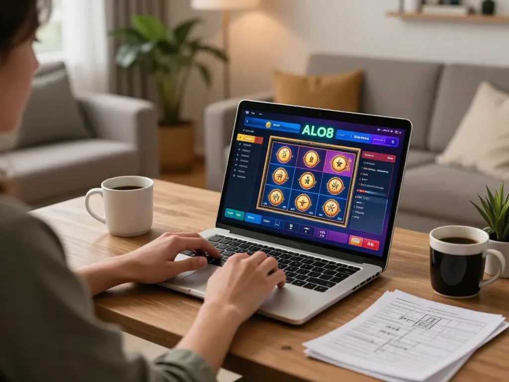 Player engaging with ALO8 online slots in a cozy home setting, reflecting responsible gaming practices.