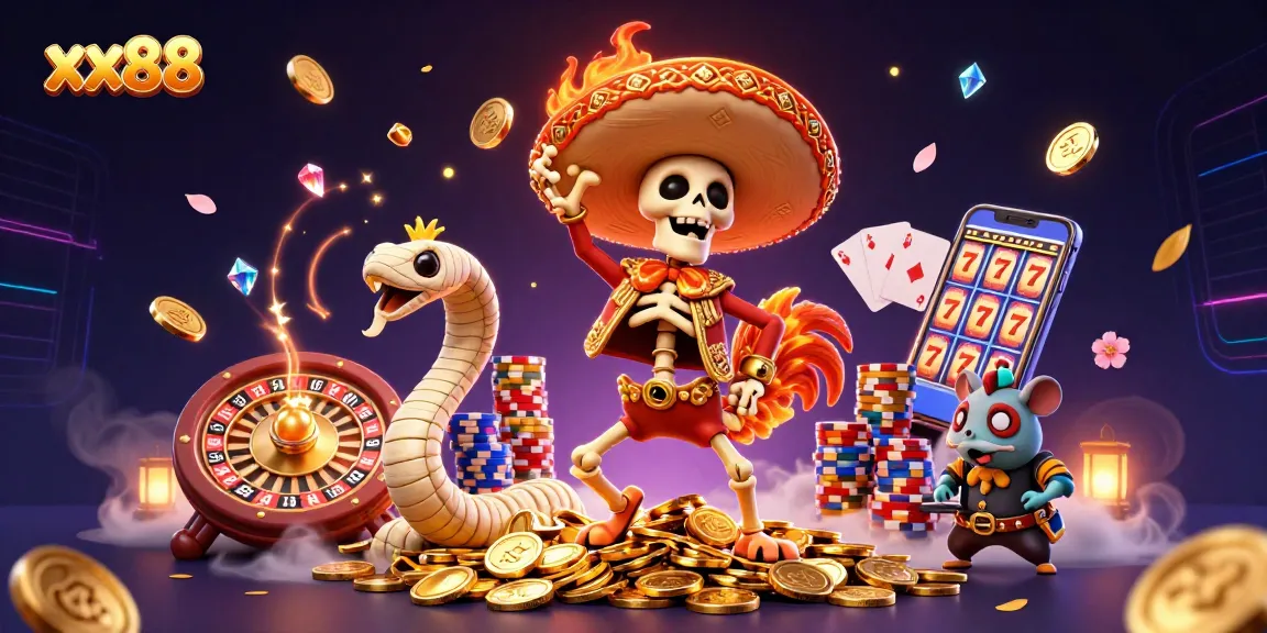 Engage with xx88 by joining a vibrant 3D casino scene featuring festive characters and dynamic game elements.
