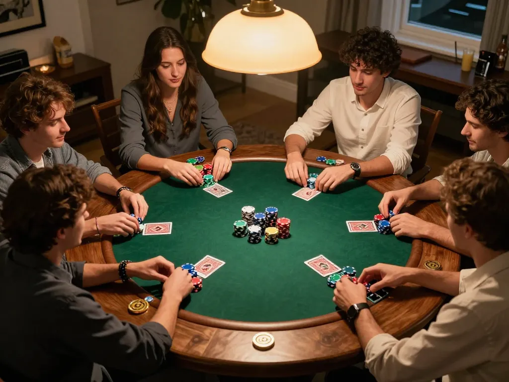 Friends enjoying a lively poker game night, with poker chips and cards visible, capturing the DA88 of social gaming.