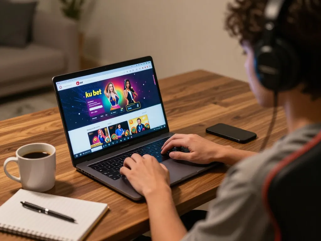 Engaged gamer using ku bet for online casino strategy from a cozy home setting.