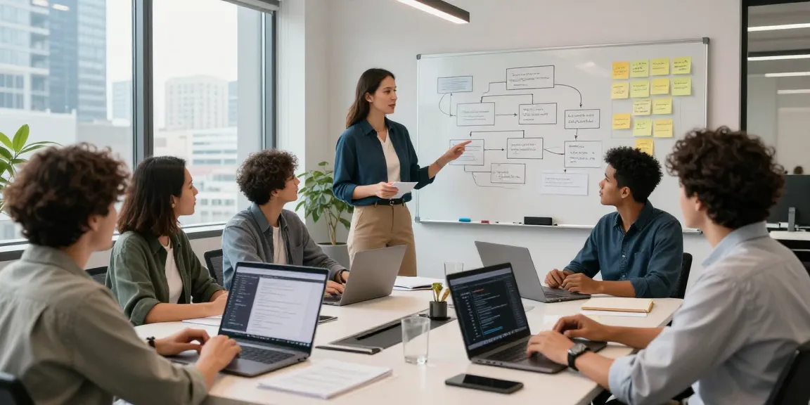 Team collaborating to build internal tools with AI in a modern workspace.