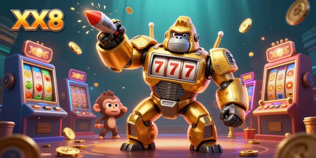 Experience the excitement of XX8 with a golden gorilla mech among dynamic slot games and vibrant casino elements.