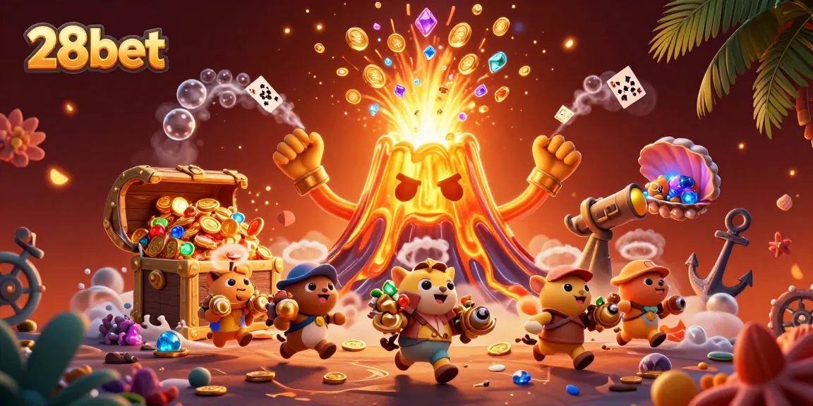 Join the excitement of 28bet as the golden volcano erupts with coins and treasures against a vibrant casino backdrop.