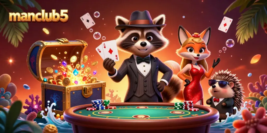 Experience manclub5's vibrant casino action with characters showcasing a royal flush at a poker table.