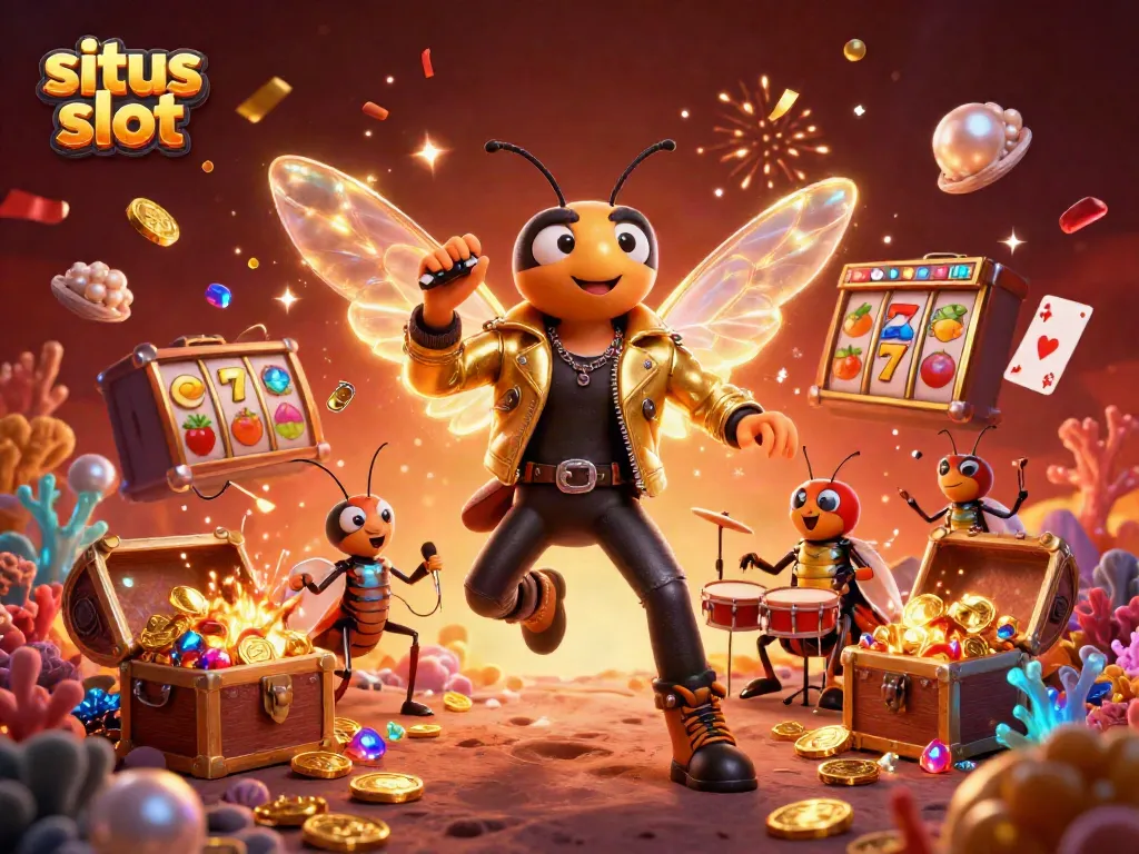 Experience the excitement of situs slot with a vibrant gaming scene featuring dynamic characters, colorful treasures, and celebratory elements.