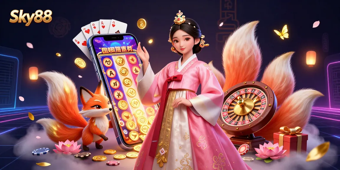 Sky88 offers an exciting gaming experience with a vibrant Asian-themed illustration showcasing dynamic slot elements and casino atmosphere.
