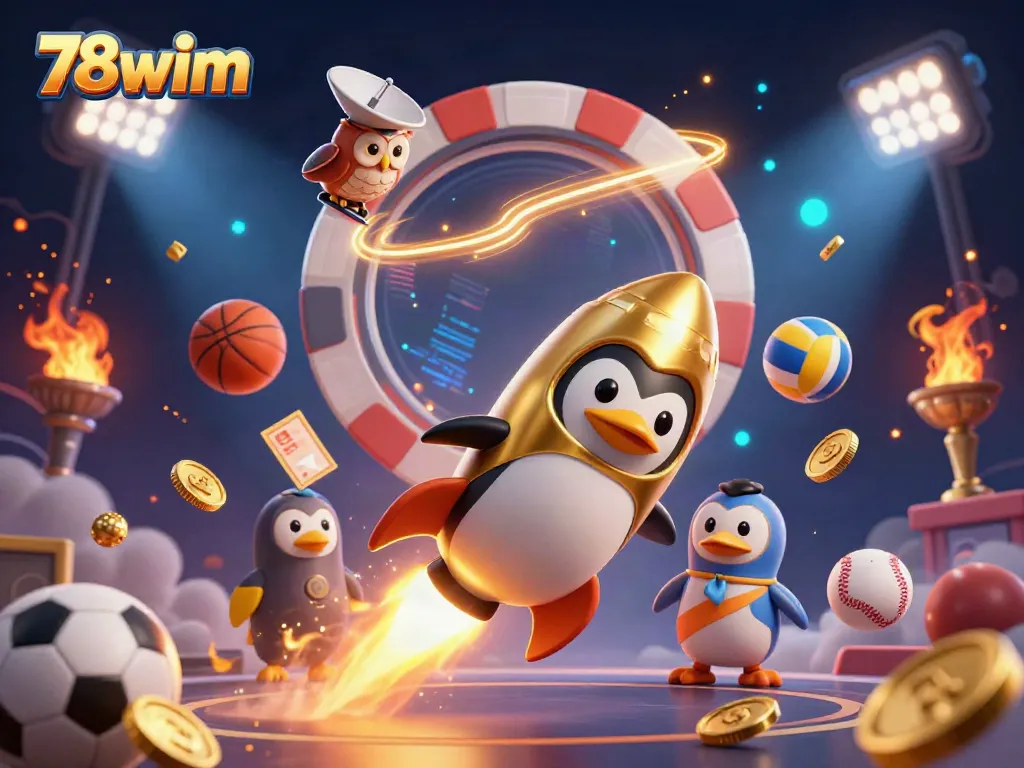 Experience the excitement of 78wim with a golden penguin racing through a casino space, surrounded by vibrant sports elements.