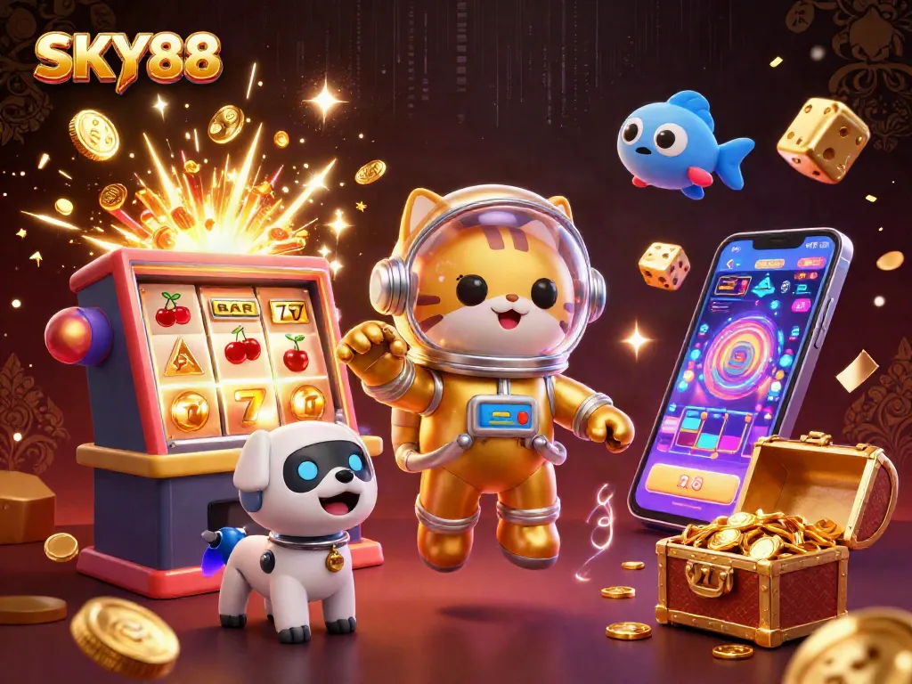 Experience excitement with SKY88 as a space cat and robot dog celebrate a casino jackpot!