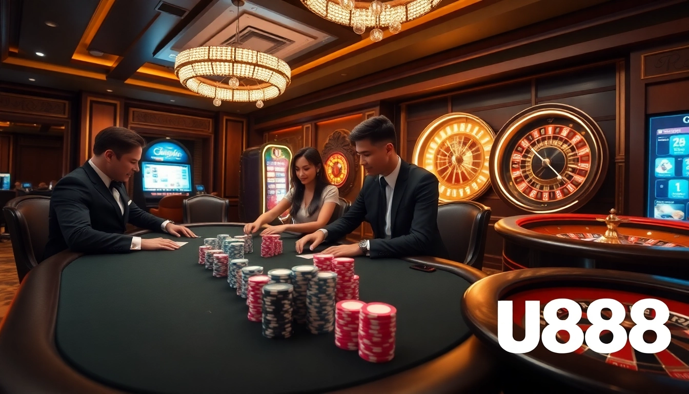 Players enjoying high-stakes poker at U888 casino with vibrant decor and exciting gameplay.