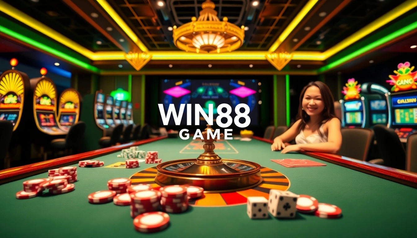 Engaging players enjoying the WIN88 GAME experience at a vibrant casino table filled with chips and cards.