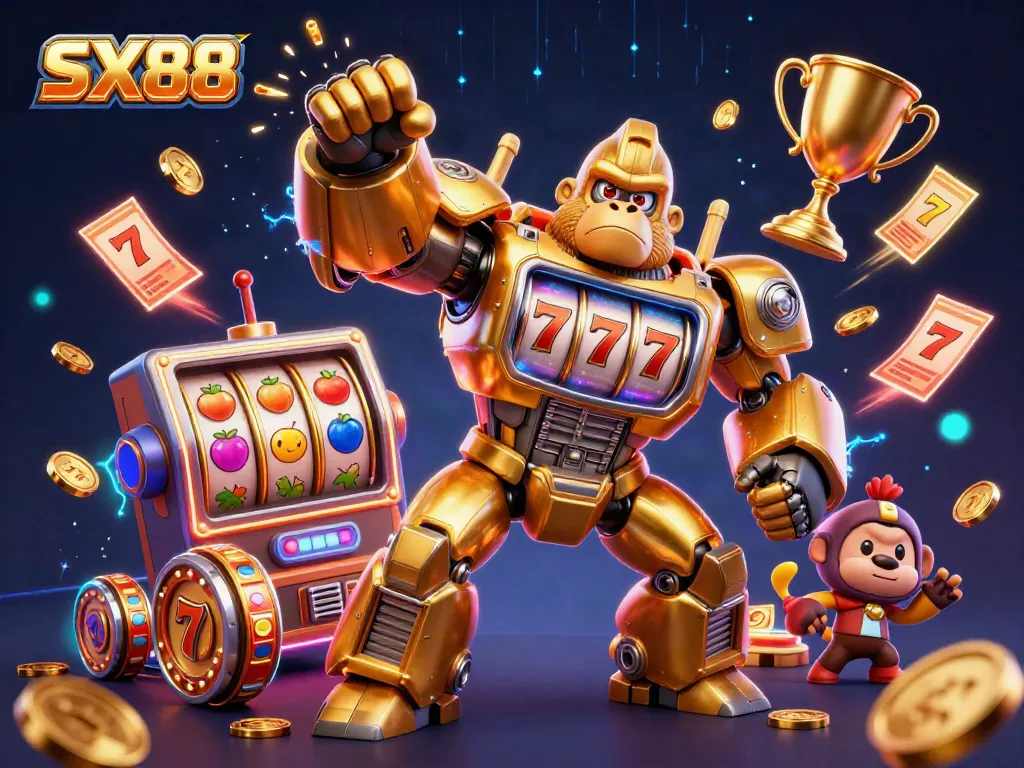 SX88 showcases a dynamic golden gorilla mech amidst explosive casino elements featuring slot reels and lucky 7s.