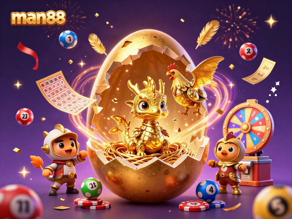 Engage with man88, a vibrant casino scene with a colossal golden egg and baby dragon amidst jubilant celebrations.