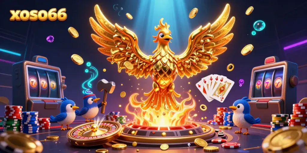 Experience the thrill of xoso66 with a golden phoenix and dynamic casino elements.