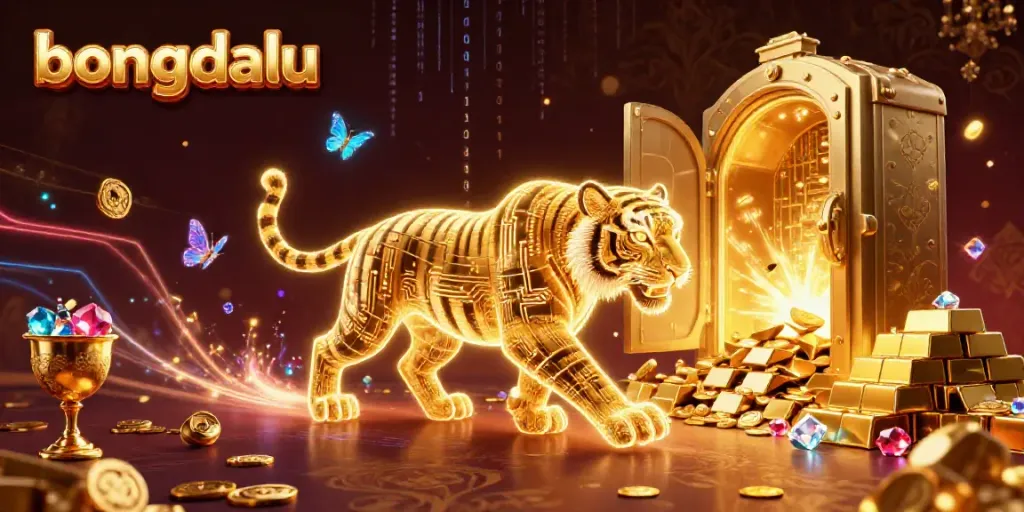 Experience the thrilling action of Bongdalu with a neon tiger and treasures in a vibrant casino landscape.