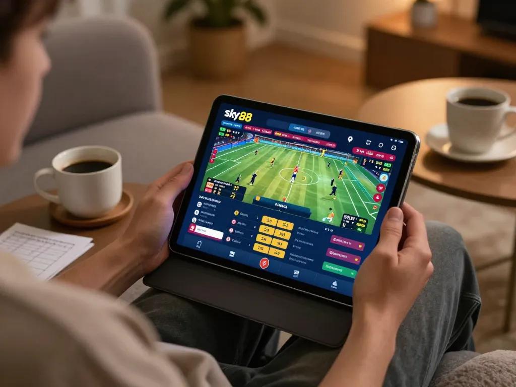 Engaging in online sports betting on Sky88 with a tablet in a cozy home setup.