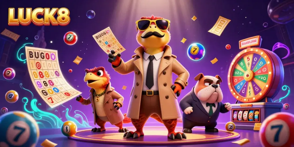 Experience the thrill of LUCK8 with cartoon raptors in a trench coat at a VIP casino lounge.