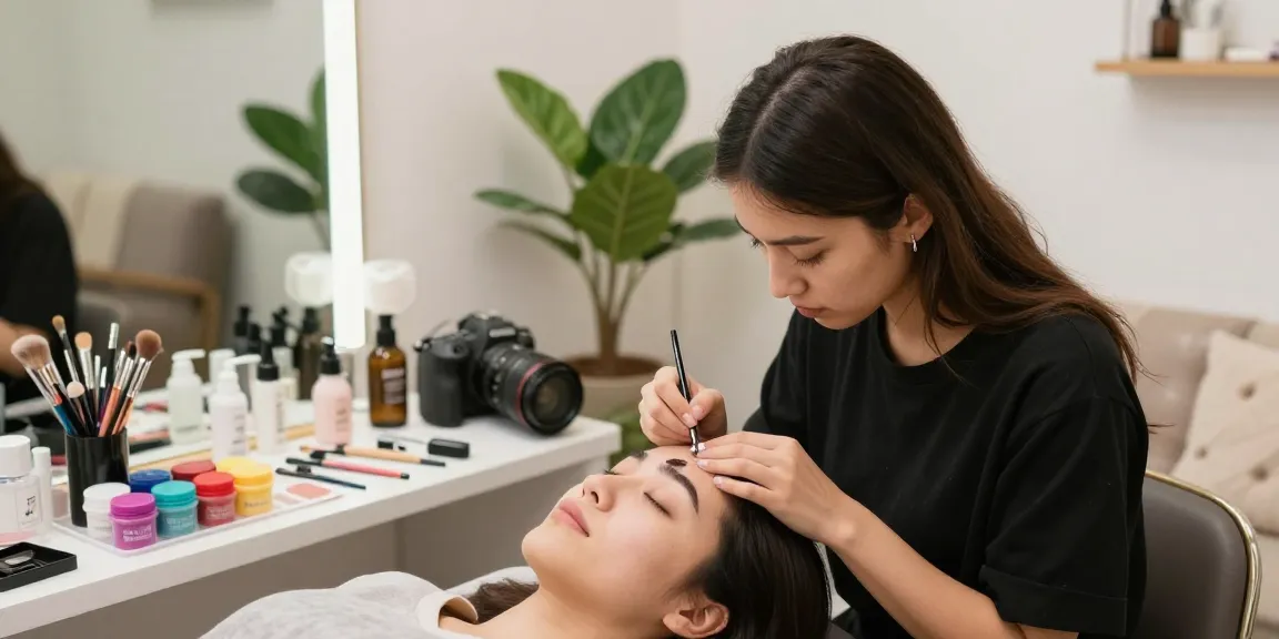 Getalenteerde artiest die poederwenkbrauwen aanbrengt in een heldere beautystudio.