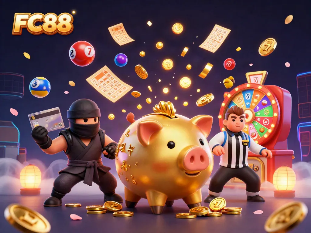 Experience thrilling FC88 gaming adventures with a golden piggy bank sumo wrestler and vibrant lottery elements.
