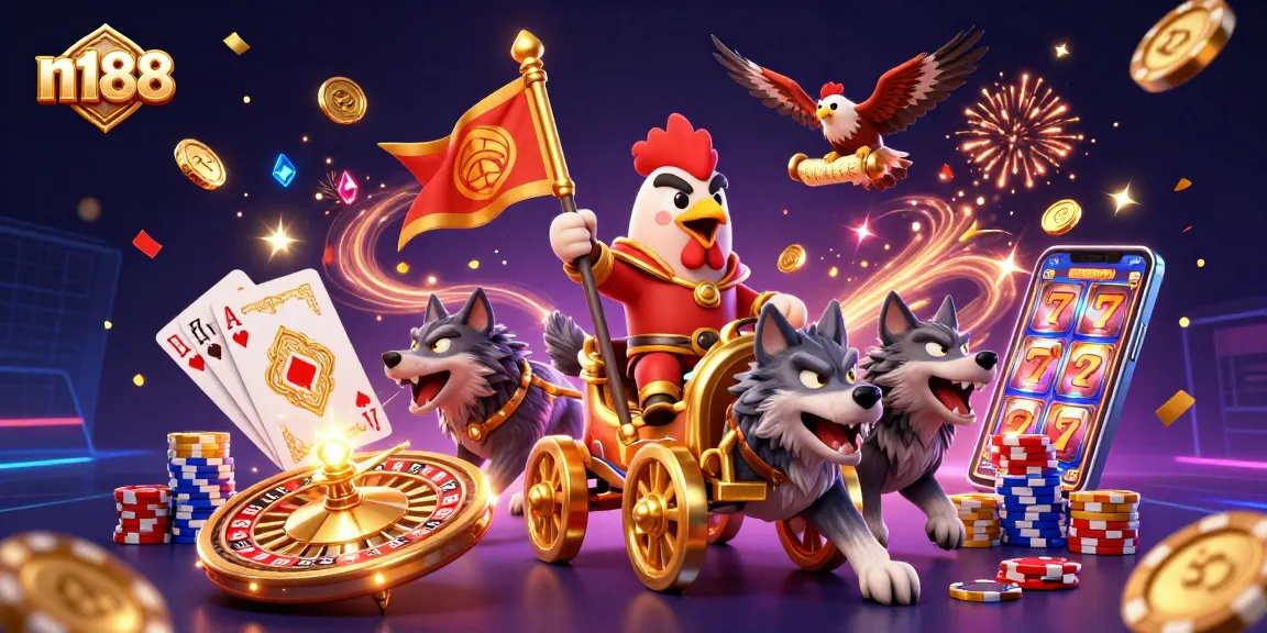Engage in thrilling gameplay at n188 with vibrant casino elements featuring a rooster warlord and golden treasures.