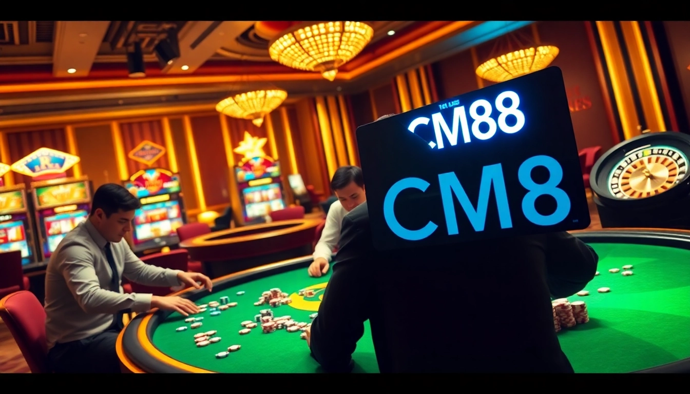 Players gamble at a CM88-themed poker table in a luxurious casino environment.