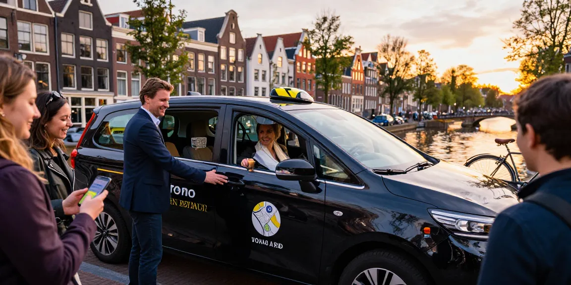 Taxi Amsterdam service showcasing a professional driver picking up passengers in a branded vehicle amidst the city's iconic canals.