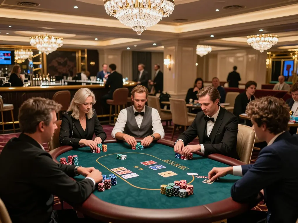 Players enjoy high-stakes poker in the luxurious LV88 VIP area, showcasing a sophisticated gaming experience.