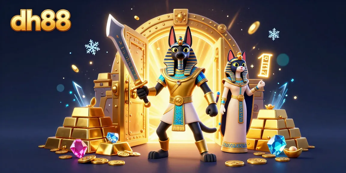 Play exciting games at dh88 with Anubis and Bastet surrounded by treasures in a vibrant casino scene.