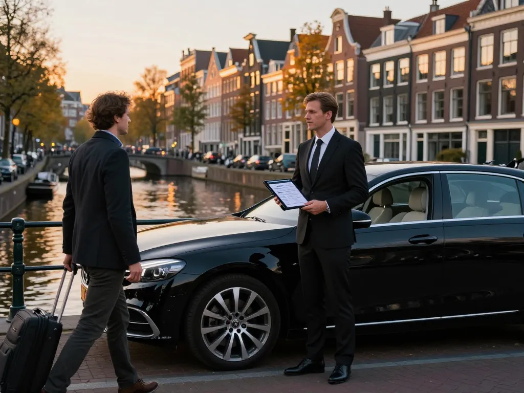 Taxi Schiphol ervaring afgebeeld met een professionele chauffeur en luxe sedan bij de Amsterdamse grachten.