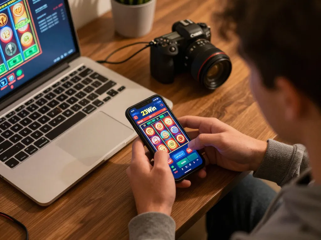 Player using 23Win mobile app to enjoy betting on vibrant slot games while relaxing at home.