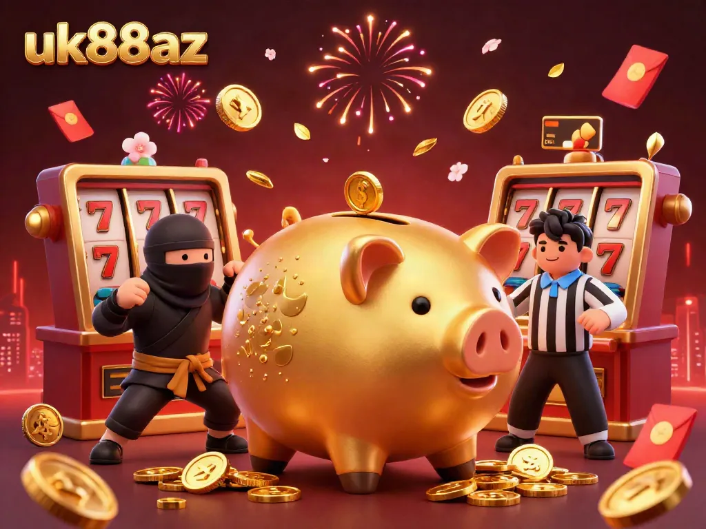 Experience thrilling gameplay with uk88az's massive golden piggy bank sumo wrestler amidst dynamic casino elements.