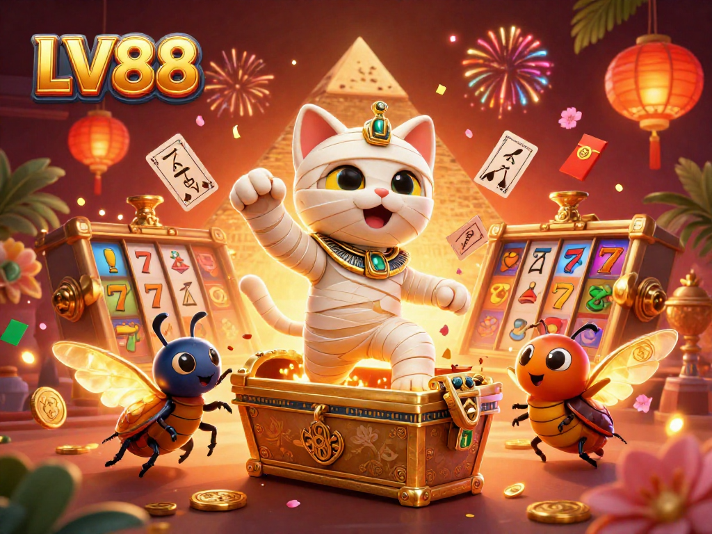 Play slots and win at LV88 with an Egyptian-themed casino adventure featuring lively characters.