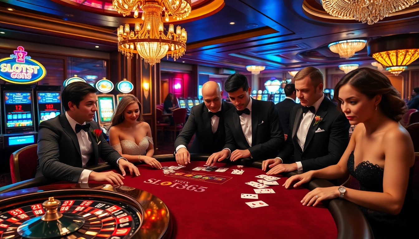 SLOT365 players enjoying a thrilling game at a luxurious casino table, showcasing poker chips and dealer interaction.