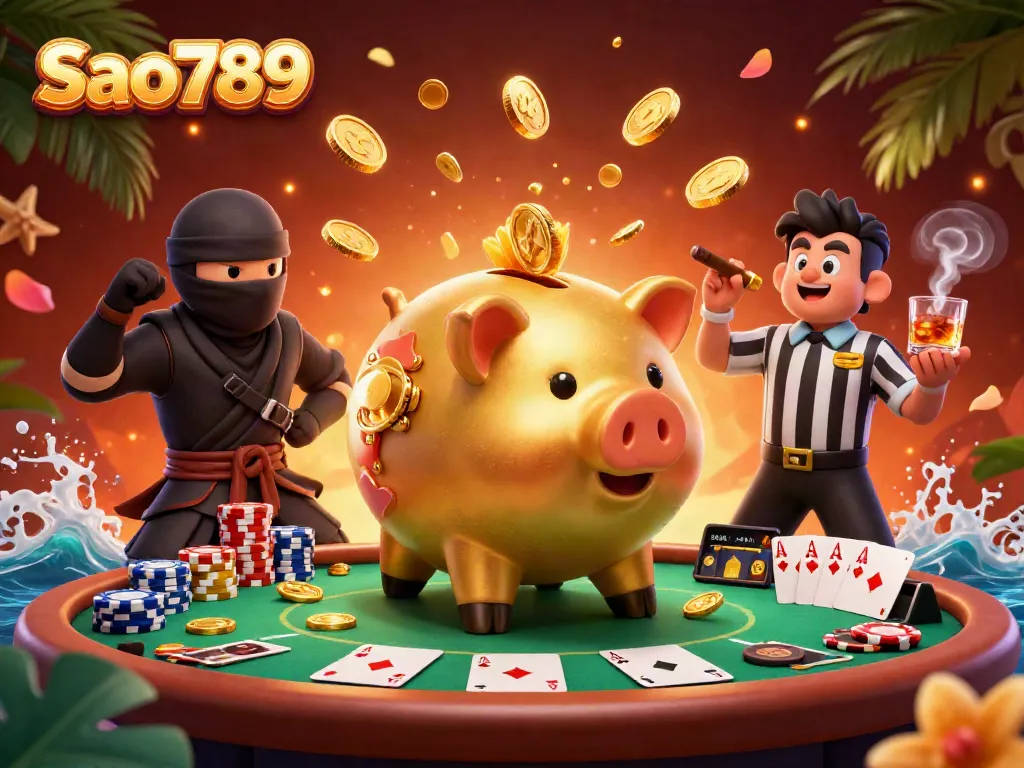 Experience the excitement of Sao789 with a dynamic casino scene featuring characters and gaming elements.