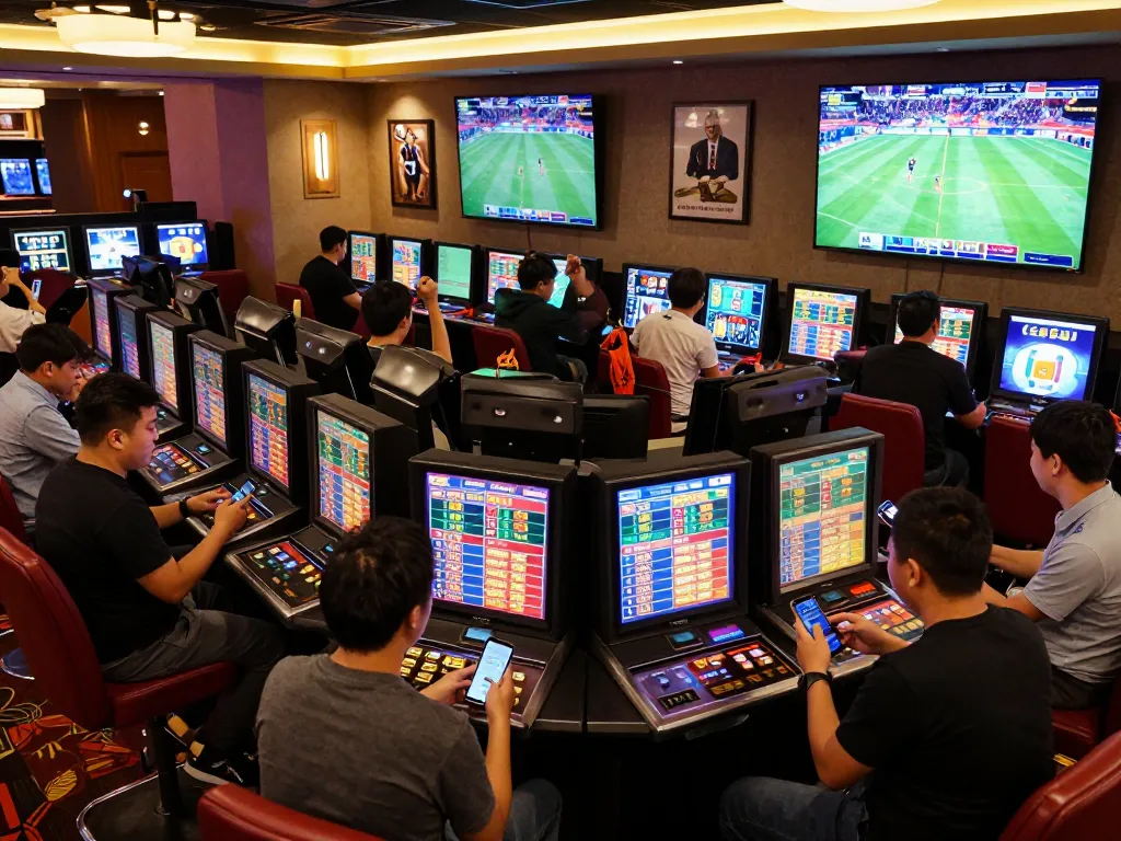 Real-time betting on kèo nhà cái with passionate patrons cheering for their teams in a vibrant sports betting area.