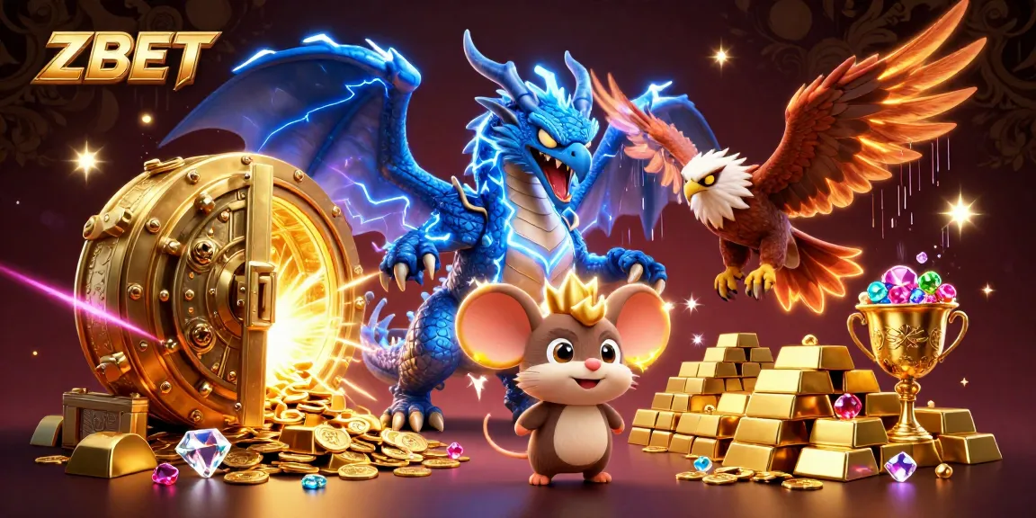 ZBET showcases a powerful thunder dragon, wind hawk, and thunder mouse in an exhilarating casino-themed scene.