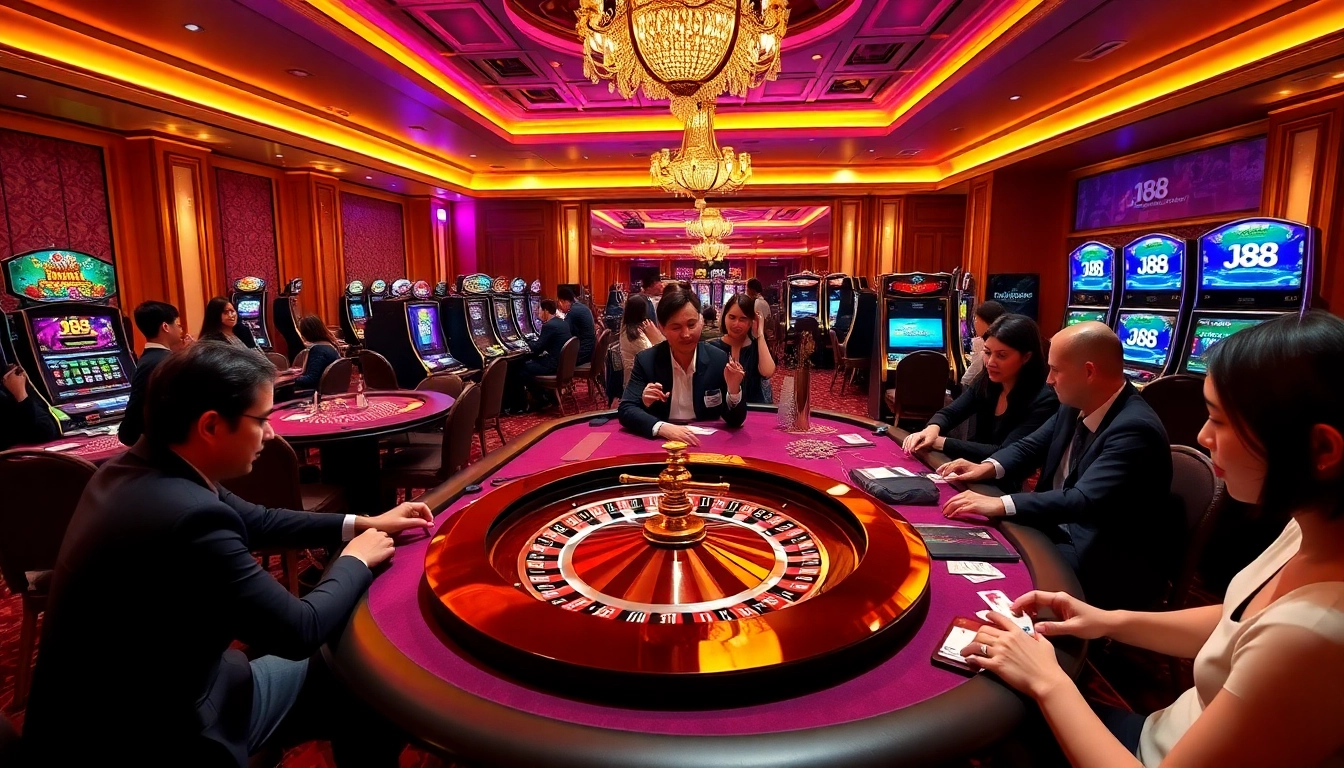 Experience the excitement of J88 gaming at a vibrant casino with roulette and slot machines.