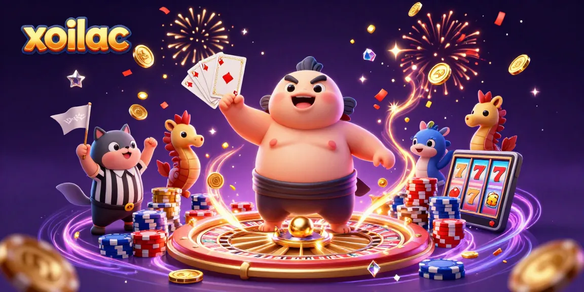xoilac-themed underwater casino scene with fugu, catfish referee, and vibrant game elements.
