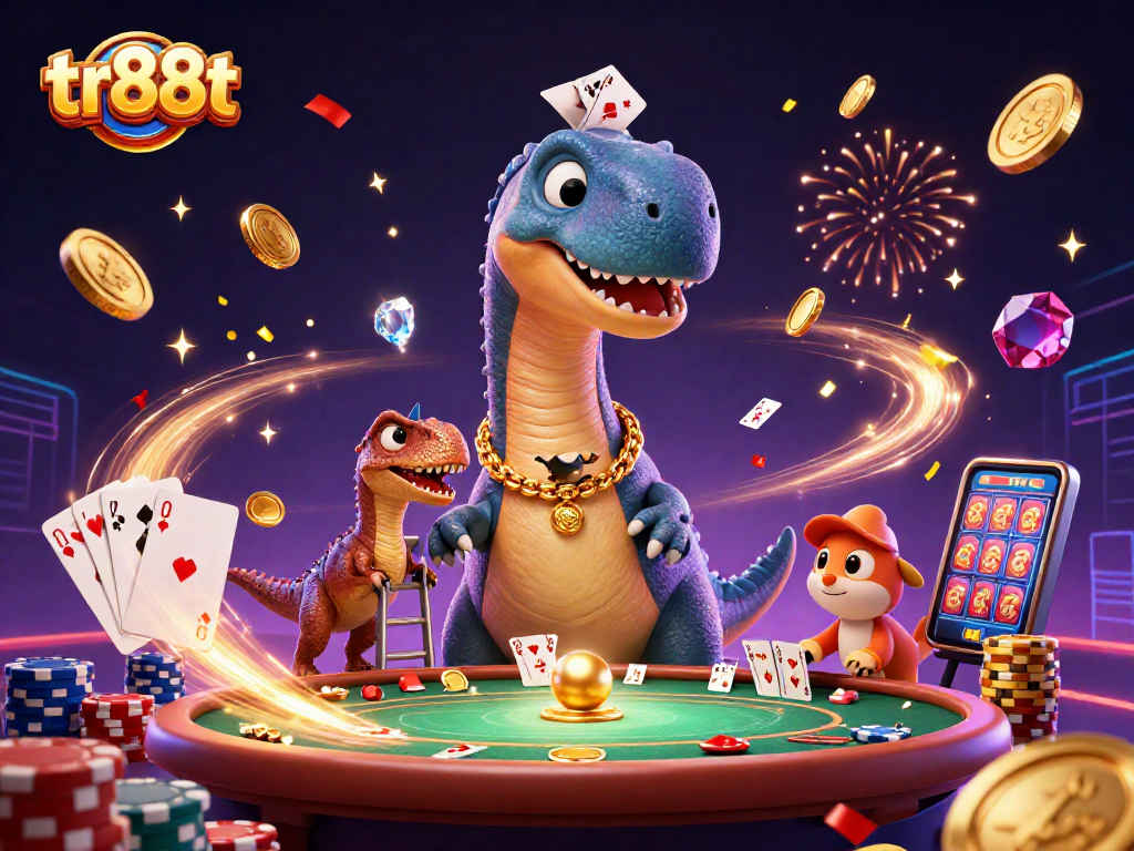 Dive into tr88t with a spectacular casino scene featuring a brontosaurus and clever raptor at a poker table.