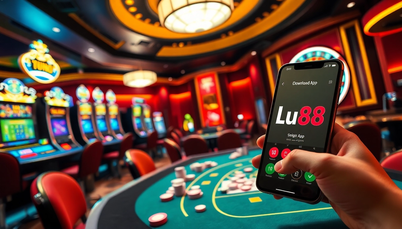 Experience the thrill of gambling as you tải lu88 on your mobile device amidst vibrant casino visuals.