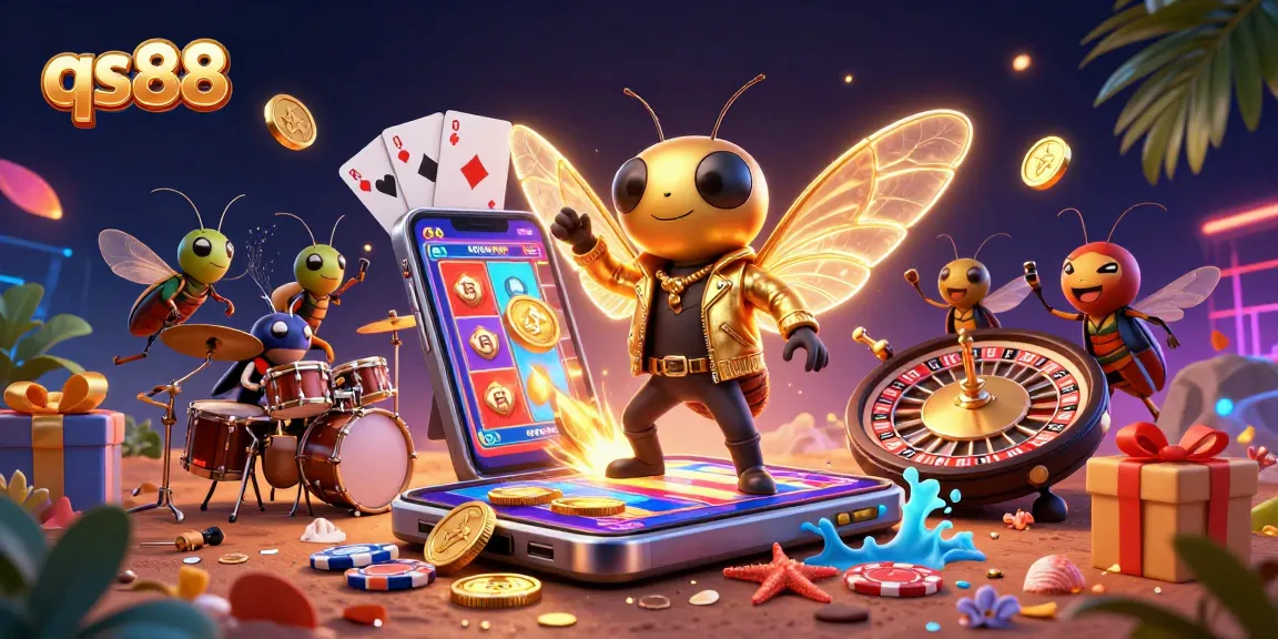 Experience qs88's vibrant online gaming scene with a 3D rock star and dynamic casino elements.