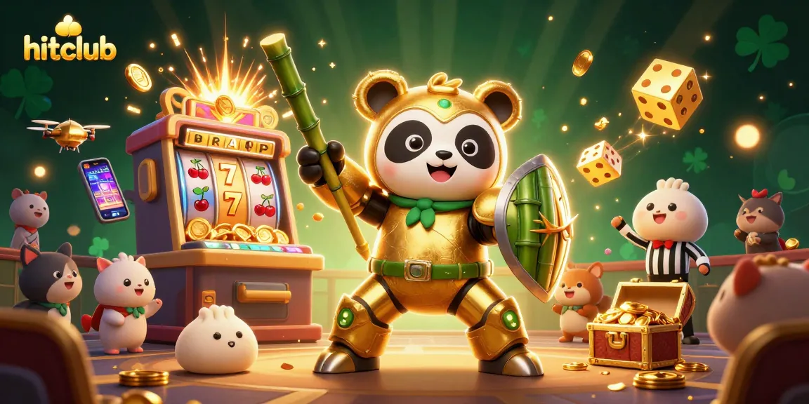 Hitclub's exciting dynamic scene showcasing a golden panda in a mech suit amidst vibrant casino elements.