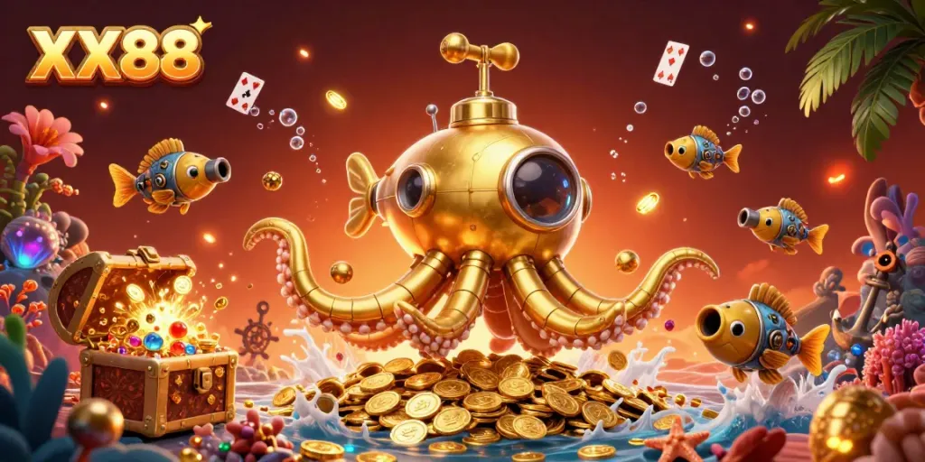 Engage in thrilling gameplay with XX88 featuring a golden kraken submarine, mechanical fish, and vibrant casino games.