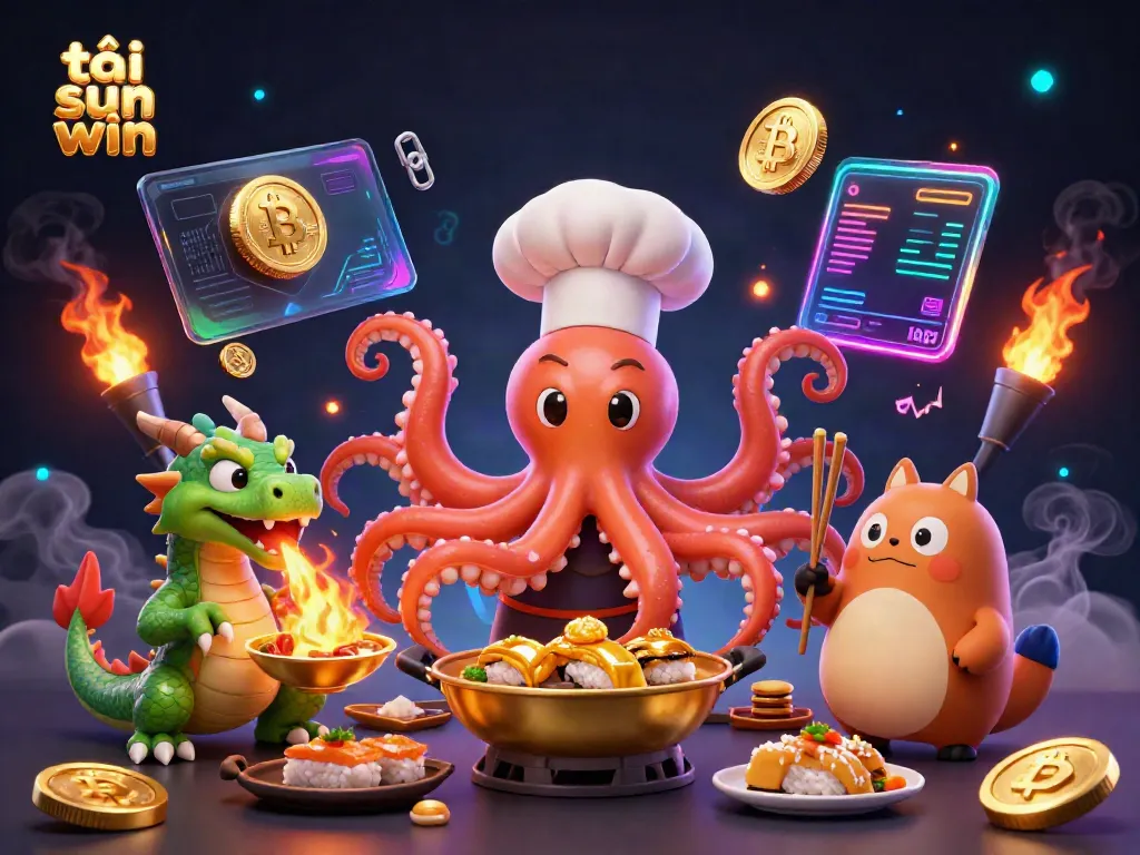 Engage with the thrilling adventure of tải sun win as the cartoon octopus chefs prepare golden dishes surrounded by festive gaming elements.