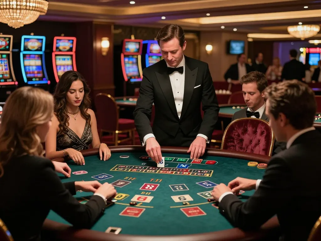 Go8 players strategizing at a baccarat table in an upscale casino environment.