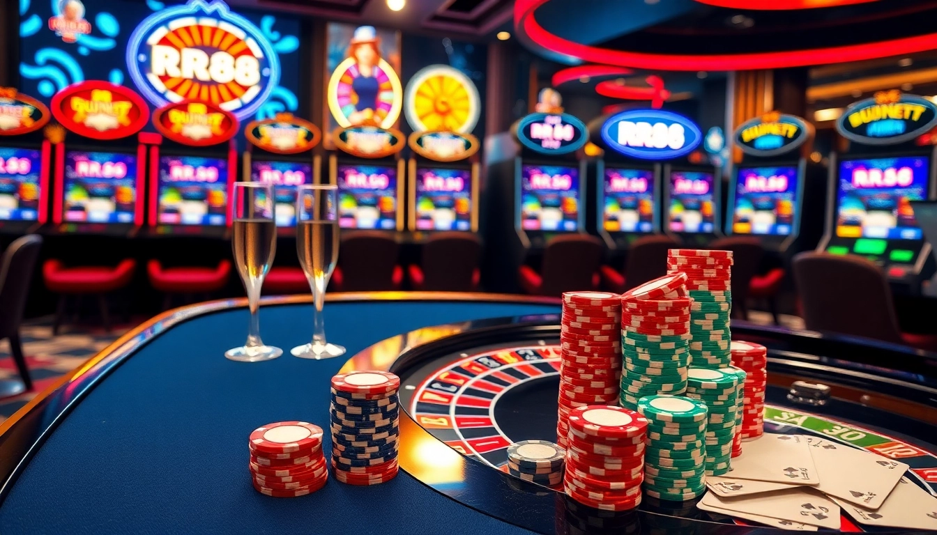 Experience the excitement of RR88 with vibrant casino visuals featuring roulette, poker chips, and more.