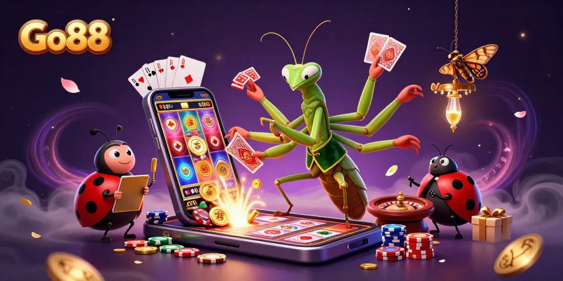 Engage with Go88 as the giant mantis dealer shuffles cards and pours champagne in a vibrant casino scene.