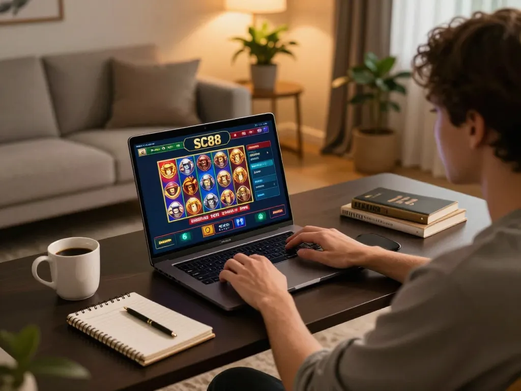 Engaging online casino gaming experience with SC88 app on a laptop displaying vibrant games.
