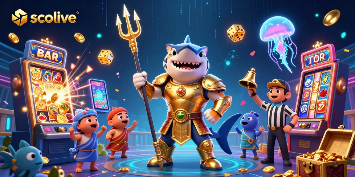 Socolive unleashes thrilling jackpot vibes in a vibrant underwater casino scene with a shark gladiator!